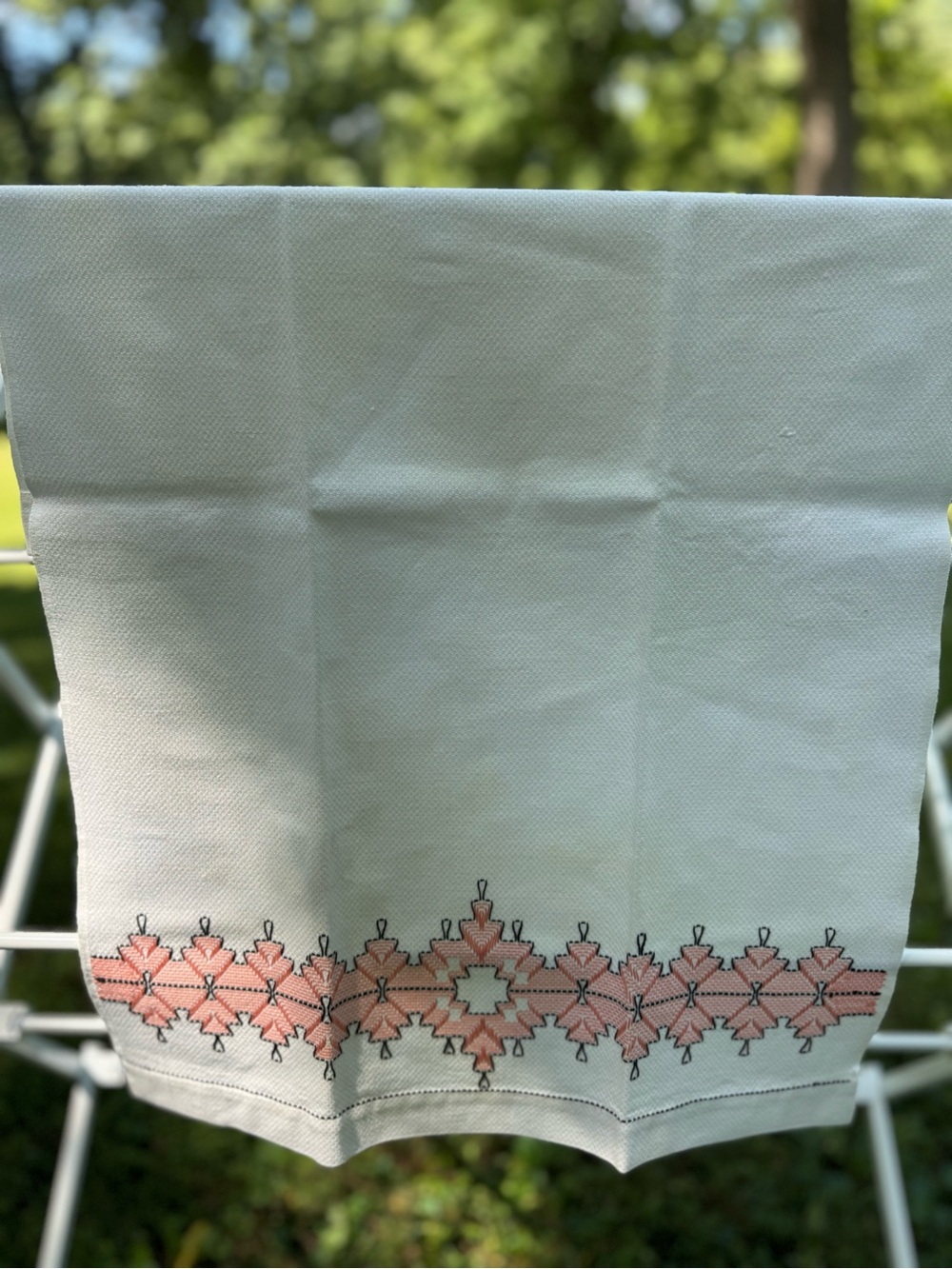Vintage Embroidered Cotton Hand Towel - Peach Border